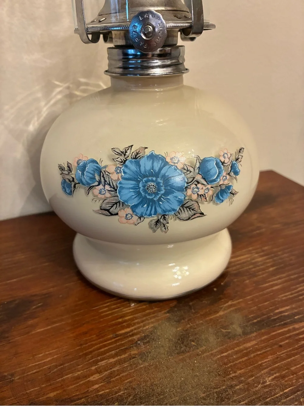 Vintage Classic Cream Glass Oil Lamp with Blue Floral Motif